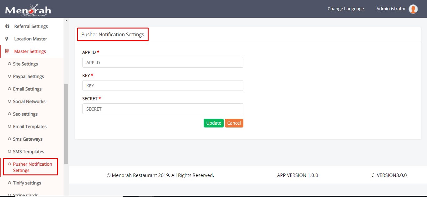 Pusher Notification Settings